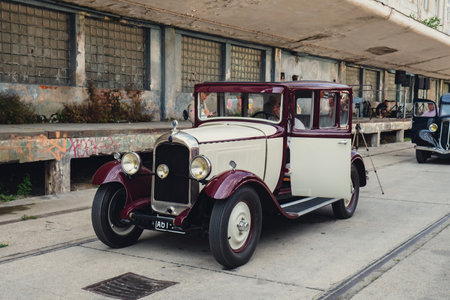Hel, Poland - August 2022 Old cars Military troops marching during 3 May Polish Constitution Day ceremonial patriotic parade. Polish armed forces tanker military parade. old guns and cars. Feast of Polish Armed Forces Day, American soldiers with flag on pのeditorial素材