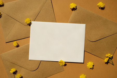 Beautiful little yellow chamomile daisies flowers on postal yellow envelopes on beige background, empty paper note copy space for text, spring time, greeting card for holiday. Flower deliveryの写真素材