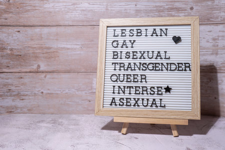 LGBTQIA description frame on Rainbow LGBTQIA flag made from silk material. LESBIAN, GAY, BISEXUAL, TRANSGENDER, QUEER, INTERSEX, ASEXUAL Symbol of LGBTQ pride month. Equal rights. Peace and freedom. Support LGBTQIA communityの写真素材