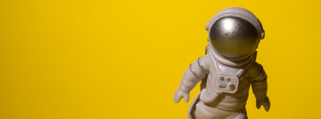 Plastic toy astronaut on colorful yellow background Copy space. Concept of out of earth travel, private spaceman commercial flights missions and Sustainabilityの写真素材