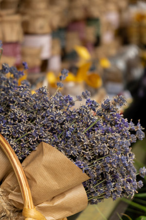 Bouquet of dried flowers lavender in craft paper. Fresh lavender flower greeting bouquet. French provence style flower blossom. Lavender aromatherapyの写真素材