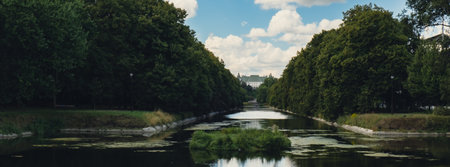 Baths classicist Palace on the Isle in Lazienki Park touristic place in Warsaw. Lazienki Royal Baths Park, Baroque columns Warsaw Poland. Mirror Reflection on the Lakeの写真素材