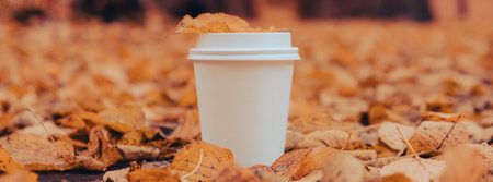 Eco zero waste white paper cup copy space mockup. Fall leaves and cup of tea coffee to go next to autumn nature. Unite with natureの写真素材