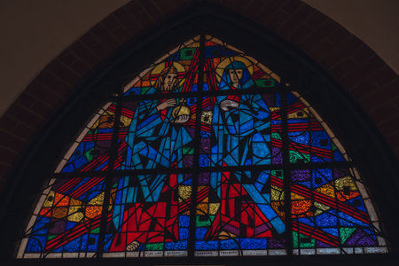 Elblag, Poland August 2022. Glass window cathedral mozaika View of City of Architecture famous popular tourist attraction travel destination. Museums and monumentsのeditorial素材