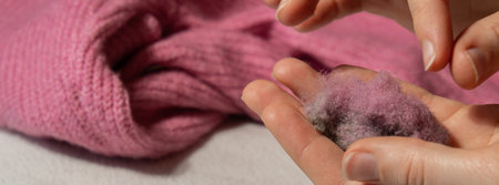 Woman using Anti-pilling razor at home. Device for shaving clothes. Anti-Plush fabric Shaver. Electric portable sweater pill defuzzer Lint remover from pink acrylic or wool sweater. Slow fashion mending repairingの写真素材