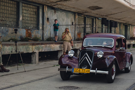 Hel, Poland - August 2022 Old cars Military troops marching during 3 May Polish Constitution Day...