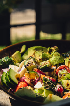 Avocado mix of vegetables salad in daytime outdoors. Fresh salad with tomatoes, avocado, lettuce onion cucumber. Healthy and detox food concept. Ketogenic dietの写真素材