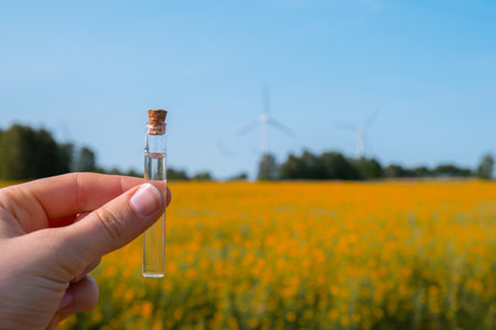 Hand holding test tube with liquid on background of canola flowers field blooming farm. Rapeseed oil over natural background. Farmer soil sample in tube chemical analysis ph test. Agrochemical analysis soil quality monitoring conceptの写真素材