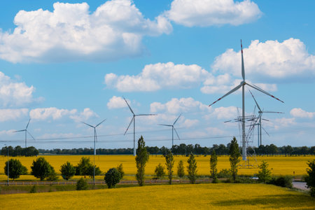 Wind turbine on grassy yellow field against cloudy blue sky in rural area during sunset. Offshore...