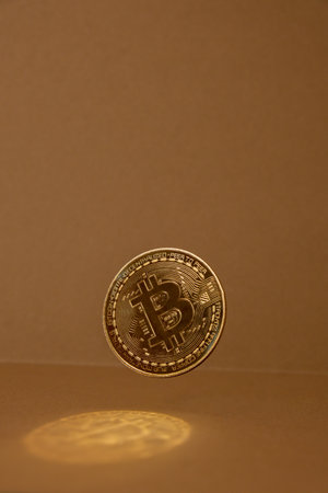 Bitcoin gold coin levitation with shadow reflection. Bitcoin flying mining trading concept. BTC golden money. Worldwide virtual internet Cryptocurrency or crypto digital payment system. Digital coin money farmの写真素材
