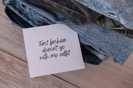 FAST FASHION DOESNT GO WITH MY OUTFIT text on paper note on Jeans clothes assortment Second hand sustainable shopping. Capsule minimal wardrobe. Sustainable fashion overconsumption, conscious buying consumption, slow fashionの写真素材