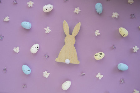 Happy easter concept. Easter eggs and bunny rabbit Composition background made of beautiful spring...