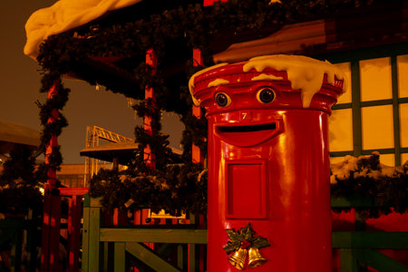 Mail box to Santa Claus Holiday Decorated and illuminated street at night in Gdansk Poland....