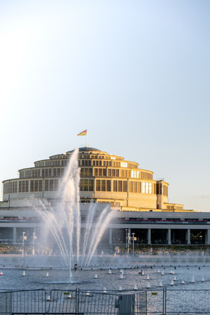 Wroclaw Poland May 2023 Multimedia Fountain at Centennial Hall. Unesco World Heritage Site for his unique architecture landmark exterior.のeditorial素材