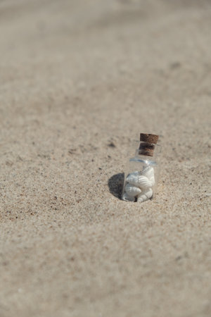 Souvenir Glass bottle with Sea shell. Seashell in glass bottle with seashells on the seashore sandy beach. Ocean seashell. Summer Memories from vacationの写真素材
