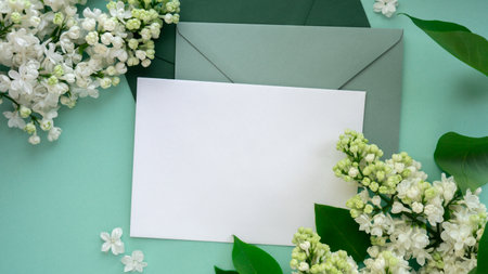 Composition with empty green envelope and beautiful spring lilac flowers on mint background. Mockup card invitation greeting card postcard copy space template. Branches of lilac blooming bouquet.の写真素材