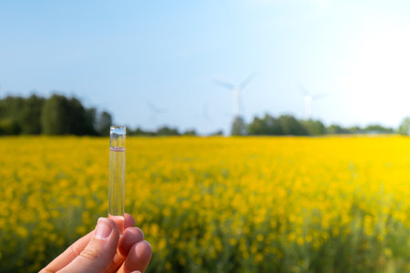 Hand holding test tube with liquid on background of canola flowers field blooming farm. Rapeseed oil...