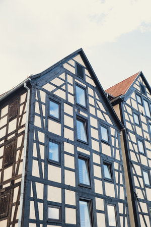 Former Rother Mills building complex made of characteristic brick and a half-timbered structure situated on the Mill Island Old town Bydgoszcz, Poland. Facade of the complex of ancient mills.の写真素材
