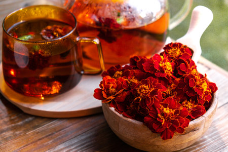 Marigold flower healthy tea in glass mug with tea pot on garden table. Herbal medicine Delicious tisane tea with fresh yellow blossom dandelion flowers tea cup. Green clearing infusion Wildflowersの写真素材