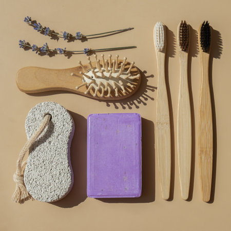Conceptual geometric green recycling flat lay Lavender soap on beige background bamboo toothbrush,...