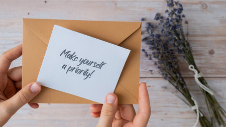 Female hands taking paper card note with text MAKE YOURSELF A PRIORITY from beige envelope. Lavender...