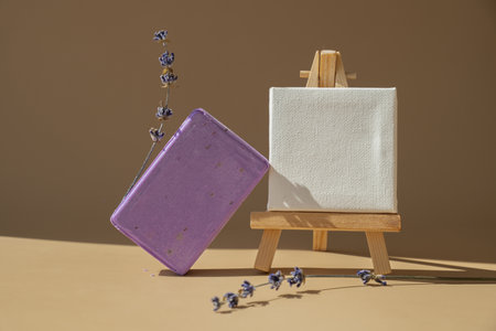 Paper note template mock up copy space Handmade aromatic spa lavender soap. Natural additives and extracts. Bar of lavender soap with dried flowers. Beauty treatment product herbal ecological organic cosmeticsの写真素材