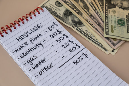 Counting receipt for utilities payment. Dollars cash money Electricity water gas price. Conservative...