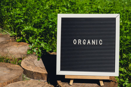 ORGANIC message on background of fresh eco-friendly bio grown green herb parsley in garden. Countryside food production concept. Locally produce harvesting. Sustainability and responsibilityの写真素材