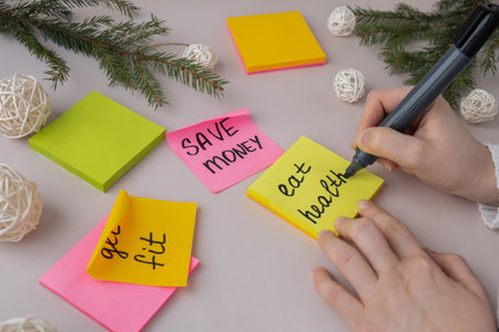 Woman writing promises and aims. Preparation for new year new life new me. Visualizing wish list for...