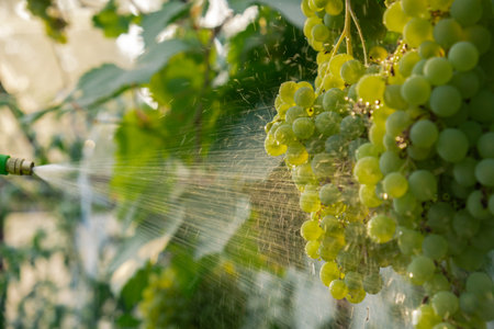 Close up of spraying insecticides and pesticides grape in vineyard open air during sunset. Harvest protection. Organic home gardening and cultivation of greenery concept. Locally grownの写真素材