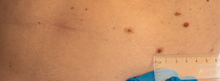 Unrecognizable Doctor in medical gloves examining length and width of benign moles on man skin....
