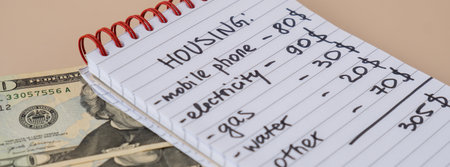 Counting expenses bills on housing electricity, gas, water. Banknotes of dollar cash around. High prices for energy inflation crisis. Cut back on spending. Savings rateの写真素材