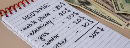 Counting expenses bills on housing electricity, gas, water. Banknotes of dollar cash around. High...