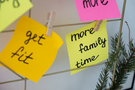 MORE FAMILY TIME goal on Vision board with new year resolutions aims on sticky notes. Preparation for New Year. Planning and setting goals for personal developmentの写真素材