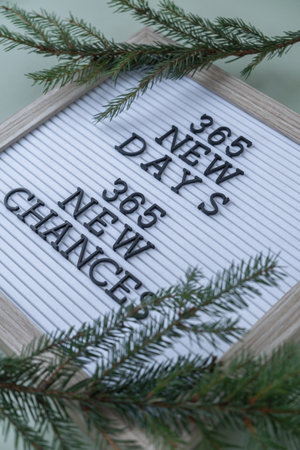 365 NEW DAYS 365 NEW CHANCES text on white letter board on green background with Christmas decor. New year aims resolutions. New year New meの写真素材