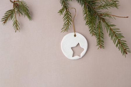 Do it yourself air dry clay crafts for Christmas tree decoration holiday. Decoration gift idea Handmade children craft. Step by step instruction of painting, pressing figuresの写真素材