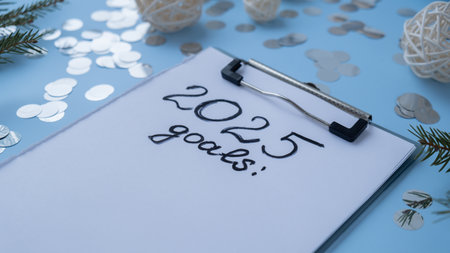 Handwritten 2025 GOALS new year resolutions aims goals on paper notepad. Preparation for New Year....