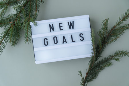 NEW GOALS text on Lightbox on green background with Christmas decor. New year aims resolutions. Planning and setting goalsの写真素材
