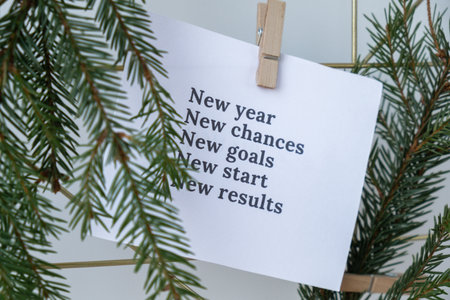 NEW YEAR CHANCES GOALS START RESULTS text on white paper note on vision board with Christmas decor. New year aims resolutions. New me you concept visualizingの写真素材
