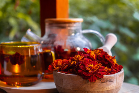 Marigold tea still life on table in green garden background. Healthy hot drink benefits. Natural organic aromatic drink in cup. Home-grown immunity-boosting herbs for tea. Autumn winter warming drinkの写真素材