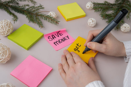 Unrecognizable woman writing new years resolutions on colorful sticky notes. Making promises for new year, setting goals. Creating vision boardの写真素材