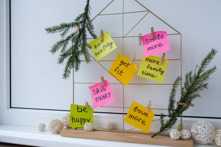 Action board new years resolutions on colorful sticky notes. Making promises for new year, setting...