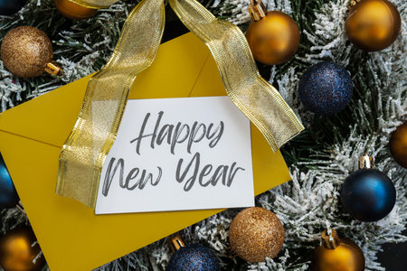 HAPPY NEW YEAR text on postcard with yellow envelope on handmade Christmas wreath. Zero waste...