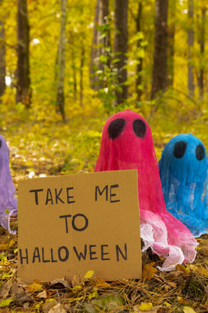 Halloween holiday concept. Handmade colorful ghosts with cardboard HAPPY HALLOWEEN message made from bandages and glue in autumn forest background. Childrens art project. DIYの写真素材