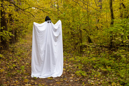 Man wearing ghost costume dancing between orange yellow leaves in autumn forest for Halloween. Cool ghost creative holiday celebration fall decoration. Mysteriousの写真素材