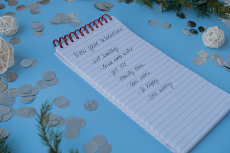 New years resolutions on paper note with Christmas decor. Making promises for new year, setting goals. Creating dream vision boardの写真素材