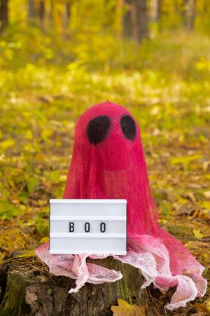 Lightbox BOO text Halloween holiday concept. Handmade pink ghost made from bandages and glue in autumn forest background. Childrens art project. DIYの写真素材