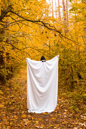 Man wearing ghost costume staying between orange yellow leaves in autumn forest for Halloween. Cool ghost creative holiday celebration fall decoration. Mysteriousの写真素材