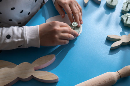 Workshop cutting figures Children air dry clay activity handicraft idea. DIY process step by step instruction. Preparing for Easter holiday decorating. Modern organic design minimalistic plastic free sustainableの写真素材