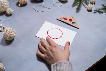 Christmas ball Gift Christmas idea. Do it yourself instruction postcard eco-friendly decoration. Making handmade presents childrens diy projects. Holiday family timeの写真素材